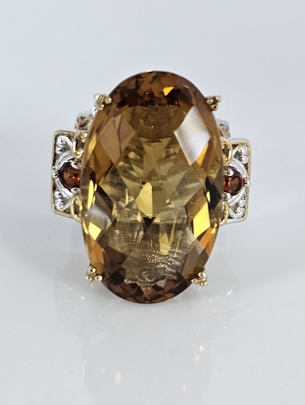 Genuine Huge Oval Citrine & Red Garnet Ring Palladium Sterling Silver 24K Sz 5!